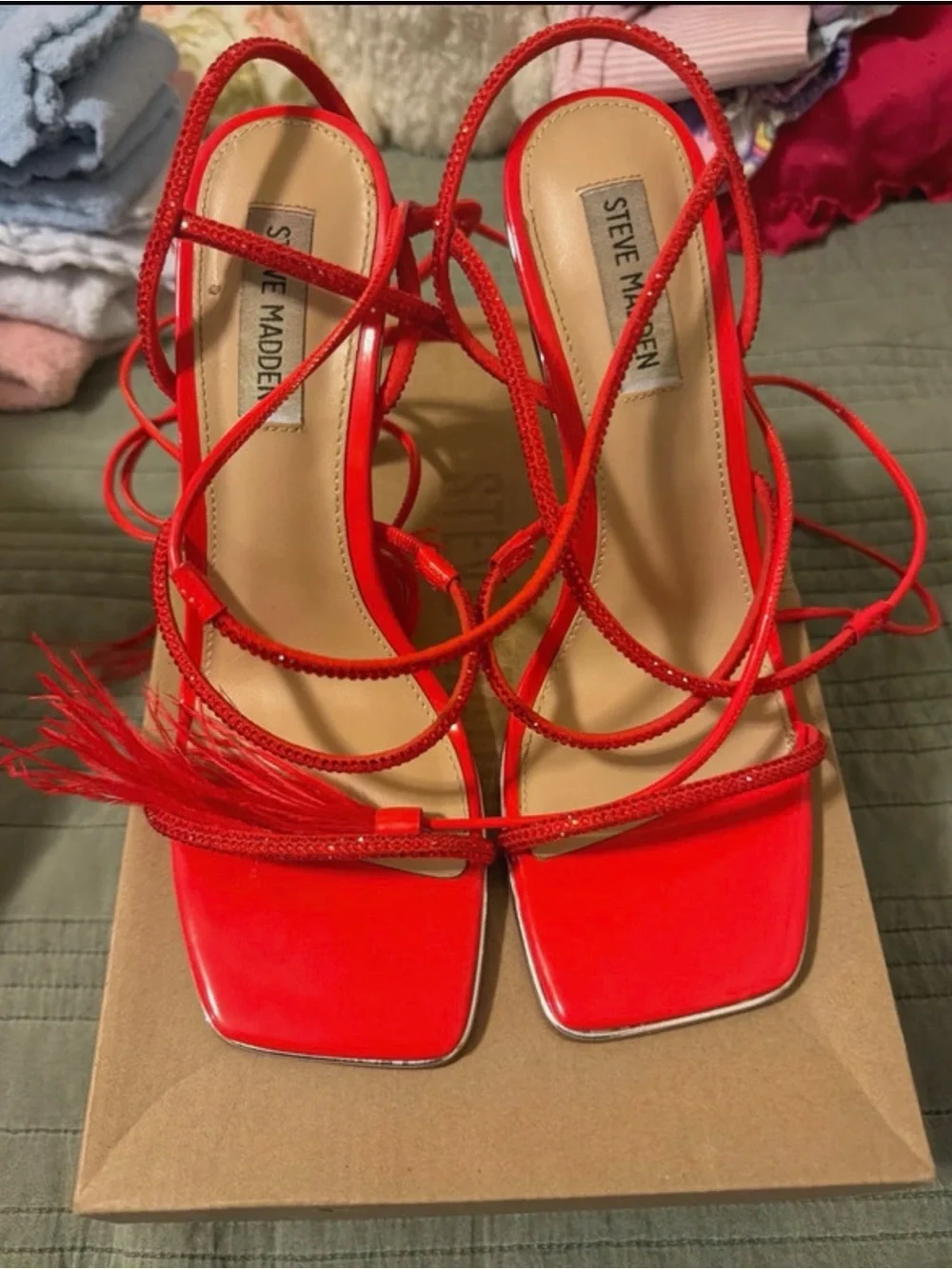 Steve Madden Red Feather-Tie Stiletto Sandals